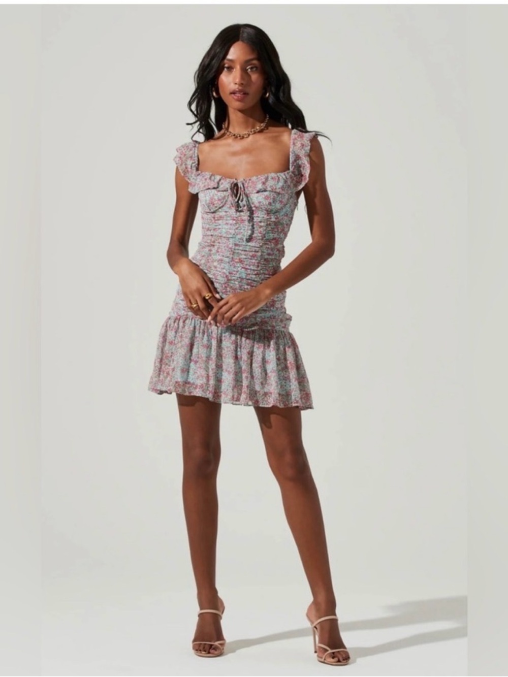 Astr Floral Ruched Midi Dress in Pink & Mint - Picture 2 of 10